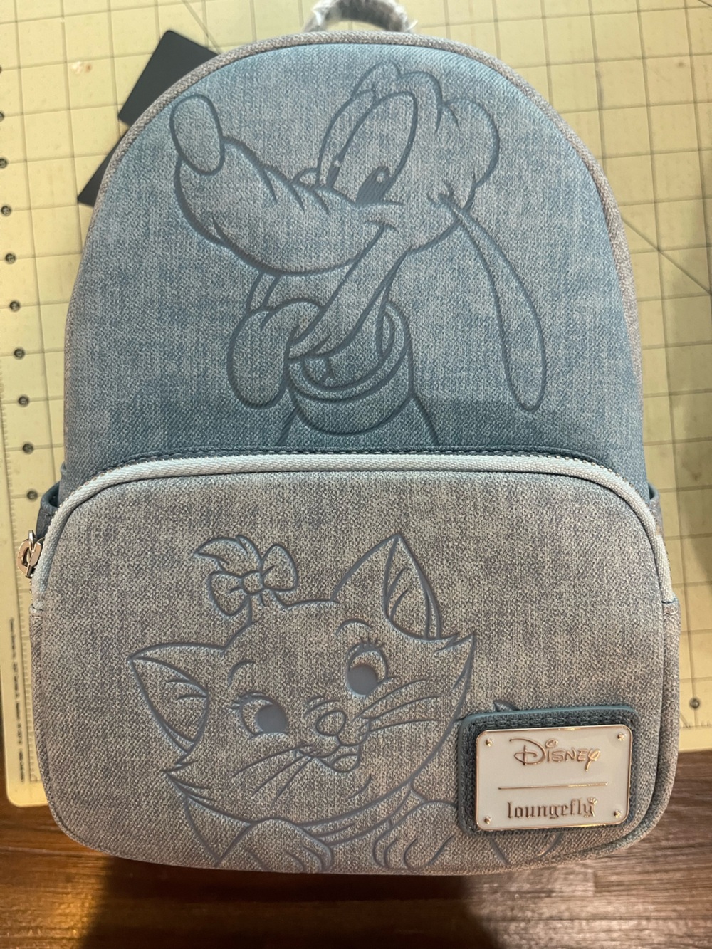 NWT!! Disney Loungefly Light Blue Denim Backpack with Embossed Marie and Pluto